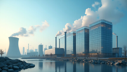 Obraz premium Modern energy facility demonstrating carbon neutral energy production with advanced renewable power systems and integrated emission control for sustainable performance in Photo Stock Concept and em