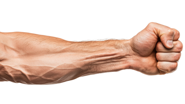 Png of A strong male arm with defined muscles and veins, making a fist against a black background.