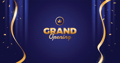 Blue curtain with gold confetti background. Elegant grand opening banner.