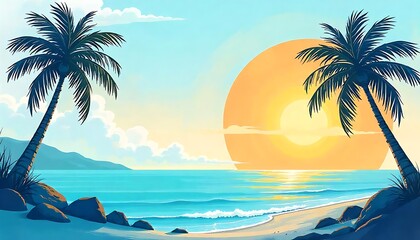 Obraz premium Artistic summertime background with palm trees, sun and sky. Artistic brush strokes textured wallpaper design, created with generative ai