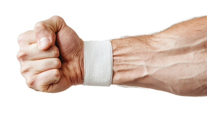 Png of A close-up of a male athlete's clenched fist with a wrist wrap, showcasing strength and determination.