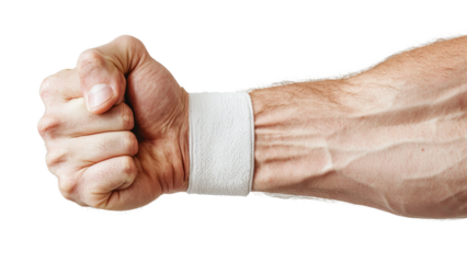 Png of A close-up of a male athlete's clenched fist with a wrist wrap, showcasing strength and determination.