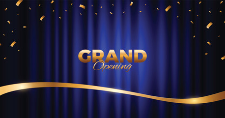 Blue curtain with gold confetti background. Elegant grand opening banner.