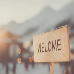 Rustic Wooden Welcome Sign  Winter Mountain Cabin Hospitality
