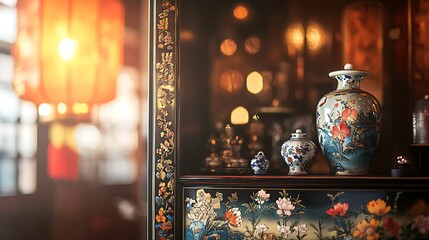 A close-up view of beautifully decorated porcelain vases and delicate tableware within a dark wooden cabinet illuminated by warm ambient light, creating a cozy atmosphere with reflections in the