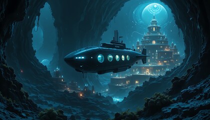 Fototapeta premium Submarine Exploring Mystical Underwater City with Glowing Lights and Futuristic Architecture
