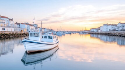 Fototapeta premium Tranquil harbor at dawn. Calm waters reflect buildings