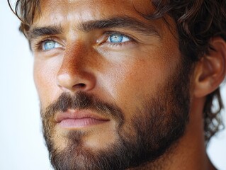 Obraz premium Close-up portrait of a man with intense blue eyes and a beard