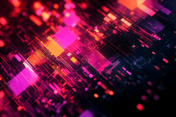 Abstract digital circuit board with vibrant neon colors.