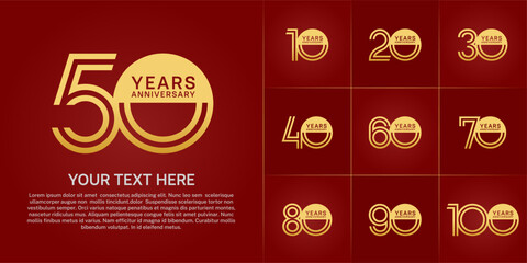 Anniversary logo style double line number set. golden color on red background for celebration event
