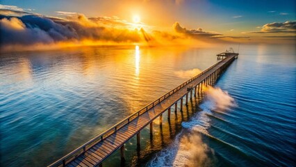 Fototapeta premium Sunrise Serenity on a Wooden Pier An Aerial Perspective of Tranquil Coastal Dawn