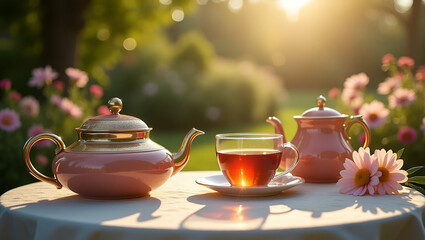 Fototapeta premium Capture an enchanting tea in a garden setting with refined floral backdrops dynamic vintage teaware and sophisticated natural light that evoke serene relaxation cultural tradition and refined elegance