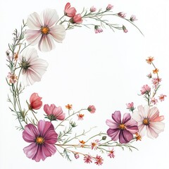 Naklejka premium Delicate floral wreath design. A circle of pastel pink and white cosmos flowers, with greenery and small blossoms, creates a beautiful frame