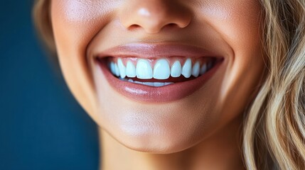 Obraz premium Radiant smile, healthy teeth close-up. A woman's happy mouth with perfect, bright white teeth