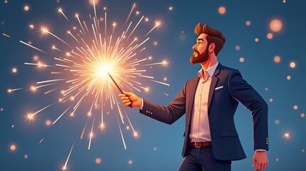 Flat Capture vibrant images of waving sparklers with dynamic light trails and elegant hand gestures that create a festive and captivating visual celebration during nighttime events in  Simple flat cut