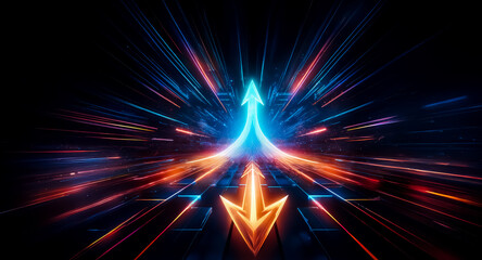 Vibrant blue and orange arrows move in opposite directions with light streaks against a dark background. Abstract visual of opposing forces.