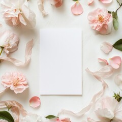 A blank card surrounded by delicate pink flowers and soft ribbons