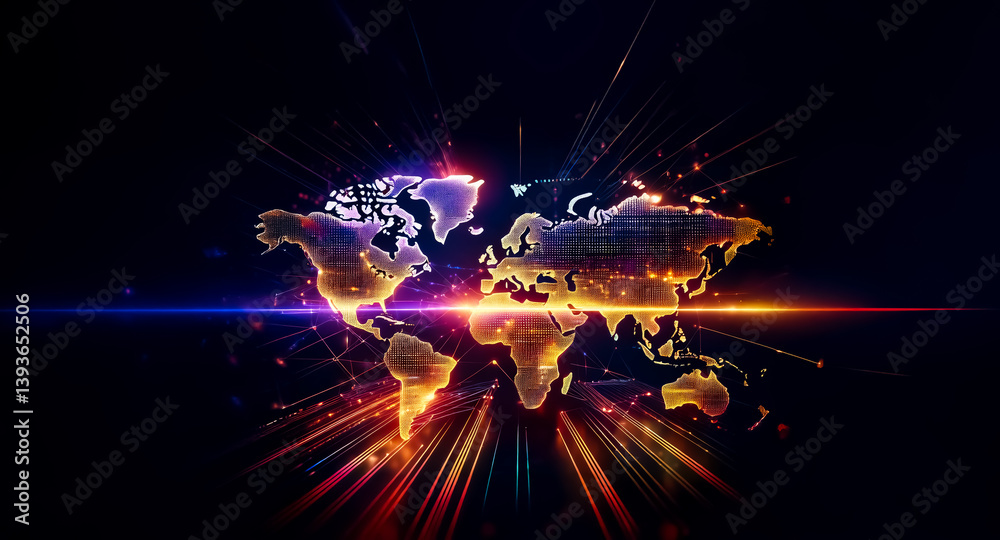 Canvas Prints illuminated world map in vibrant colors against a dark backdrop. light rays emanate outwards creatin