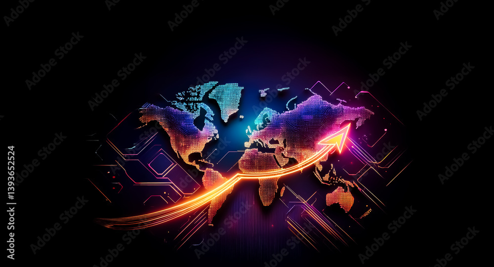 Wall mural illuminated world map with a vibrant upward arrow on a dark backdrop. neon colors highlight the map 