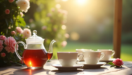 Fototapeta premium Capture an enchanting tea in a garden setting, featuring vintage teaware and floral backdrops, evoking relaxation and elegance for intimate gatherings in serene natural light.