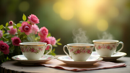Fototapeta premium Capture an enchanting tea experience in a garden, featuring vintage teaware and floral backdrops, perfect for serene outdoor gatherings.