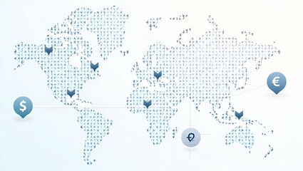 Fototapeta premium Flat Minimalist wallpaper design featuring sleek abstract visuals with dynamic digital network grids and futuristic icons representing secure global currency transfer with modern digital arrows and cu