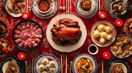Vibrant traditional feast setup featuring various Asian dishes, beautifully arranged on a red tablecloth with candles for a festive atmosphere