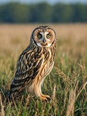 Short-eared owl perched in a meadow.