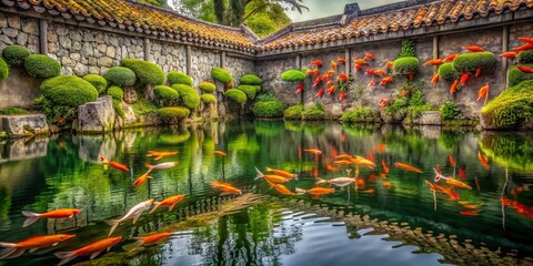Tranquil Reflection in an Ancient Chinese Garden Koi Pond and Stone Wall a Serene Escape