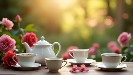 Fototapeta premium Capture an enchanting tea experience in a garden with vintage teaware, floral backdrops, and serene natural light for elegant outdoor gatherings.