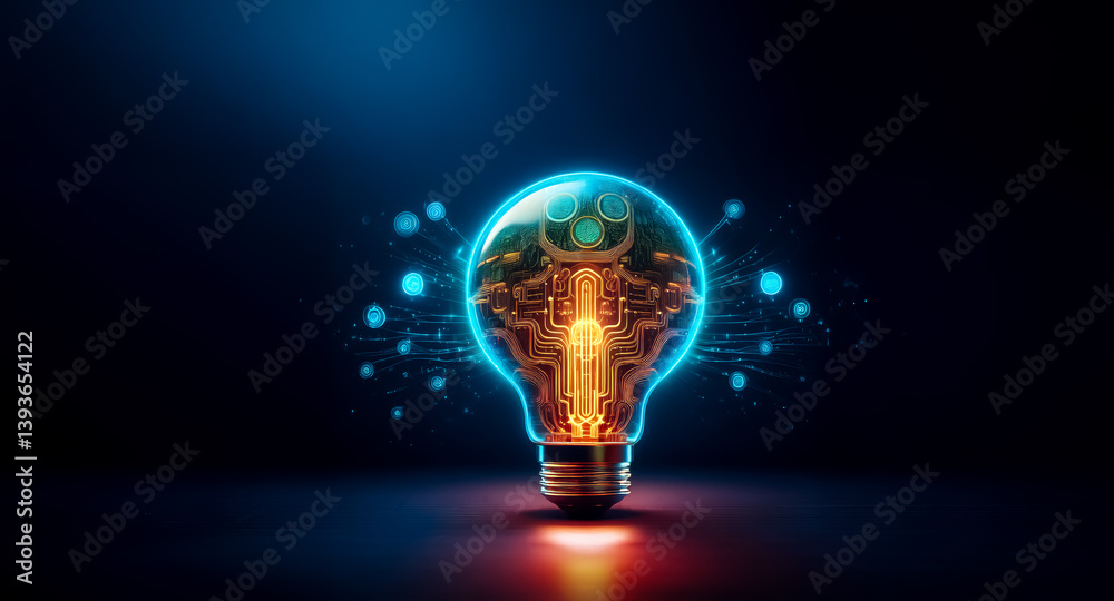 Wall mural a glowing lightbulb with a visible circuit board inside emits a blue light against a dark background
