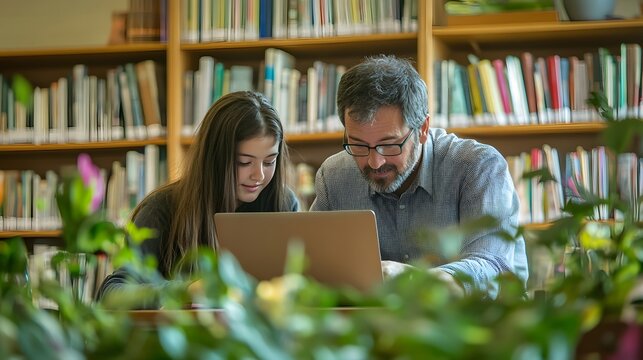 Girl and grandfather studying together in library