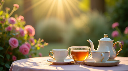 Fototapeta premium Capture an enchanting tea in a garden setting, featuring vintage teaware and floral backdrops, evoking relaxation and elegance for intimate gatherings among connoisseurs.