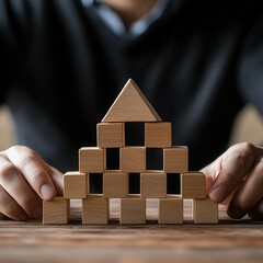 A man assembles a judicial system from blocks in the shape of a pyramid. Legal hierarchy, law enforcement, and justice system organization.