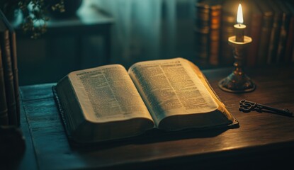 An open book illuminated by candlelight on a wooden table