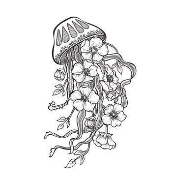 Vector sketch of jellyfish for decoration. Illustration of underwater world of ocean. Linear drawing of jellyfish with flowers.
