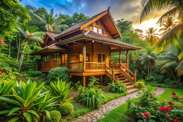 Obraz premium Tranquil Tropical Wooden Home Nestled in Lush Gardens A Daylight Escape