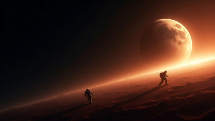 Fototapeta premium Explore stunning wallpaper designs that capture the dynamic theme of moon to Mars missions, featuring expansive empty space on the left and cutting-edge visuals for professional photo stock.