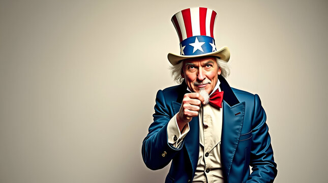 High Resolution Photostock Image of Uncle Sam: Dynamic Portrayal with Distinctive Hat, Bold Gestures, and Empty Space for Creative Use in Photo Stock Concept