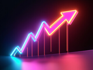 3D render of a bright neon arrow with an upward trend above the graph line