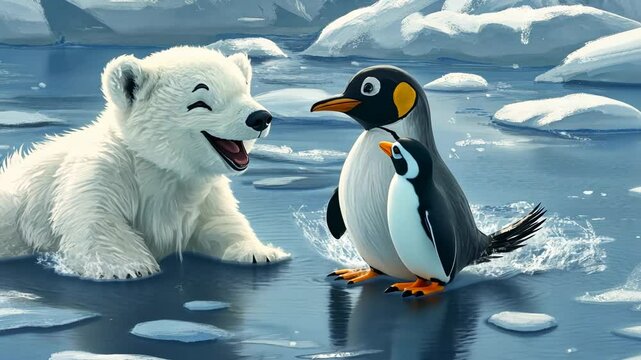 Polar bear cub and penguins frolicking in arctic waters: a delightful digital painting
