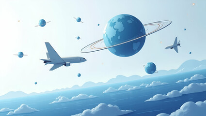 Obraz premium Flat Present an elegant wallpaper design capturing low Earth orbit operations with extensive negative space and refined digital imagery that symbolize advanced orbital management innovative satellite 