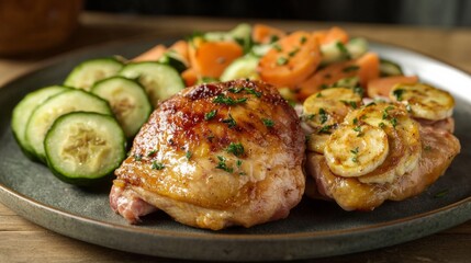 Grilled chicken thighs with zucchini and carrots on a plate