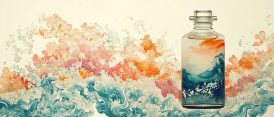 Ancient korean scroll patterns inspire artistic waves in a bottle nature digital art tranquil environment close-up view