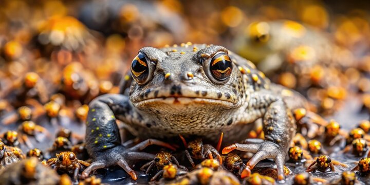 Aerial drone shot: a mesmerizing close-up of a western toadlet fly swarm amidst vibrant amphibian habitat.