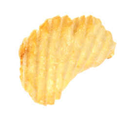 One tasty ridged potato chip in air isolated on white