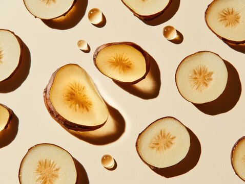 Floating licorice root slices on clean golden gradient artistic still life elegant presentation studio environment