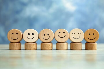 Customer service survey experience with wooden emoticons facial expressions and rating symbols