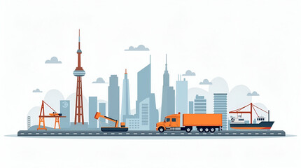 Obraz premium Flat Vector Illustration of Global Trade Realignment: Strategic Market Repositioning & Innovative Cross-Border Logistics Solutions for International Commerce
