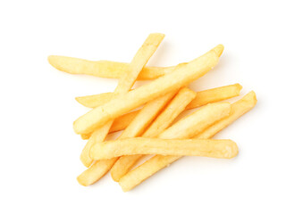 Many delicious French fries isolated on white, top view